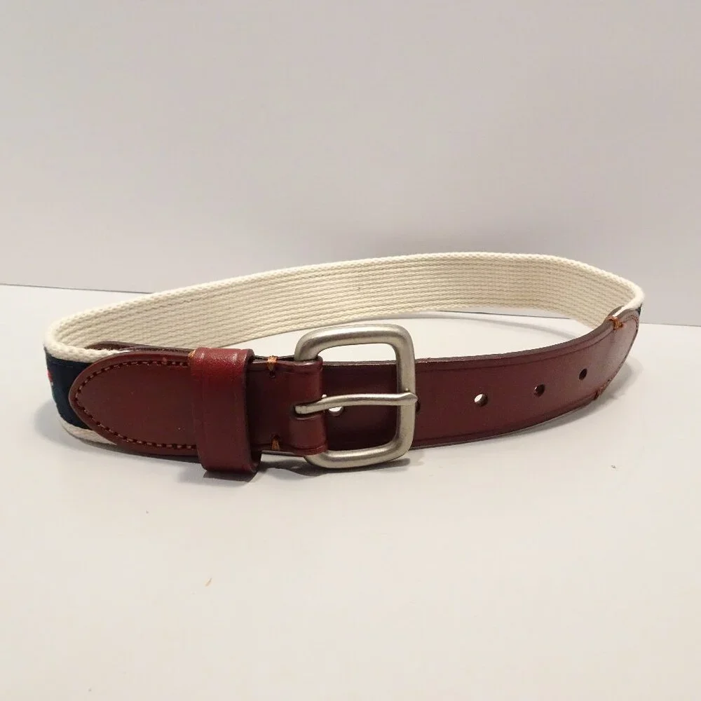 J. Crew Boys Crewcuts Christmas Tree Red Truck Canvas Leather Belt Size S Brown